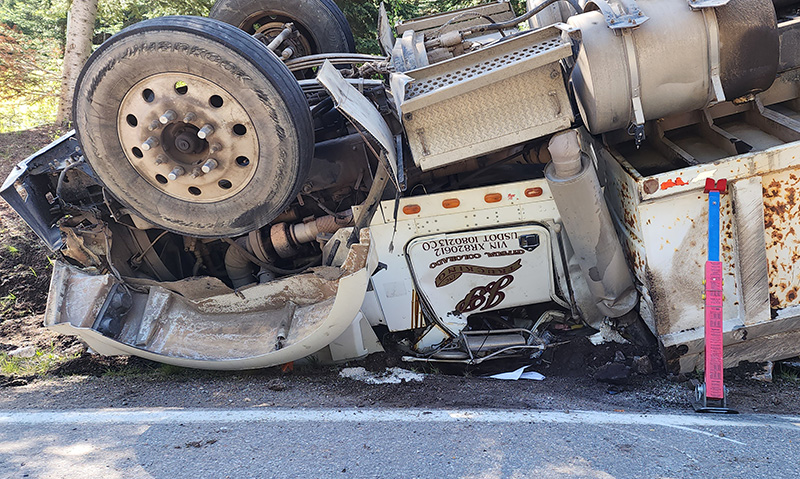 Overturned wrecked truck