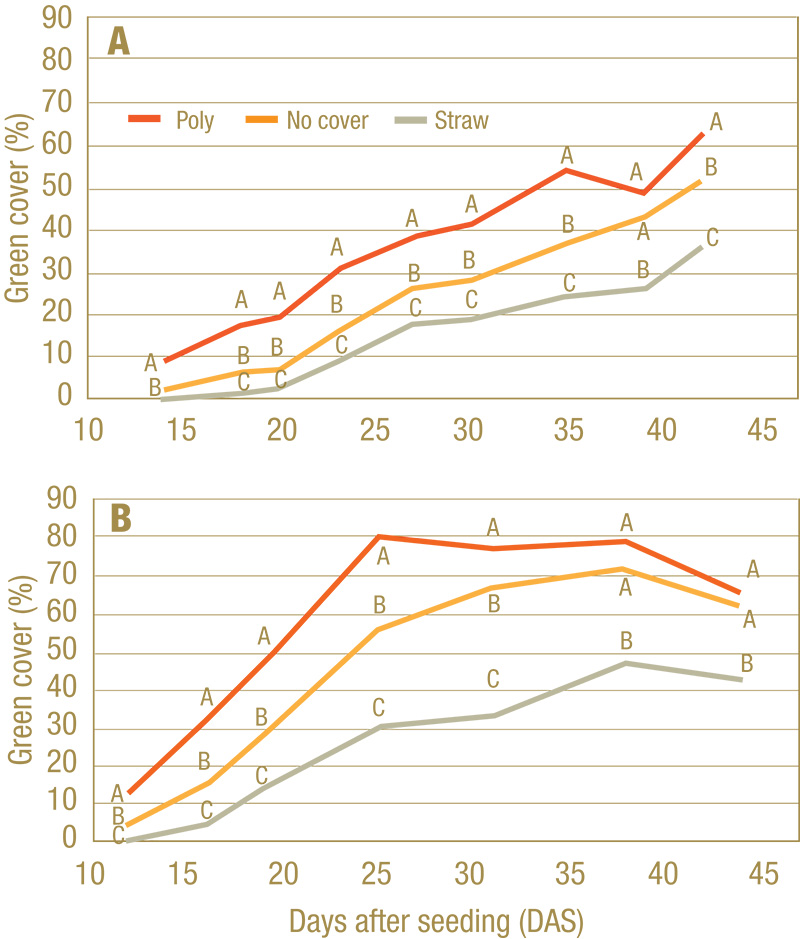 Percentage green cover during Trial 1 (A) and Trial 2 (B)
