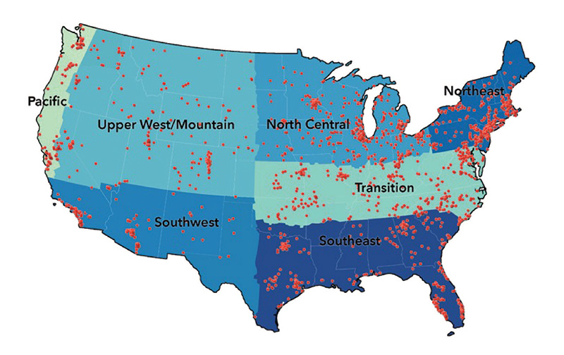 Regional map of the U.S. in blue showing geographic distribution of survey respondents. Survey respondent locations are shown by red dots on the map.