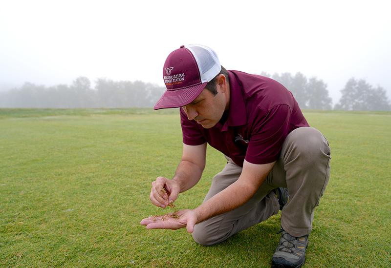 David McCall in a field looking at turf