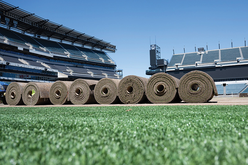 Rolls of turfgrass piled onto an athletic field in a stadium