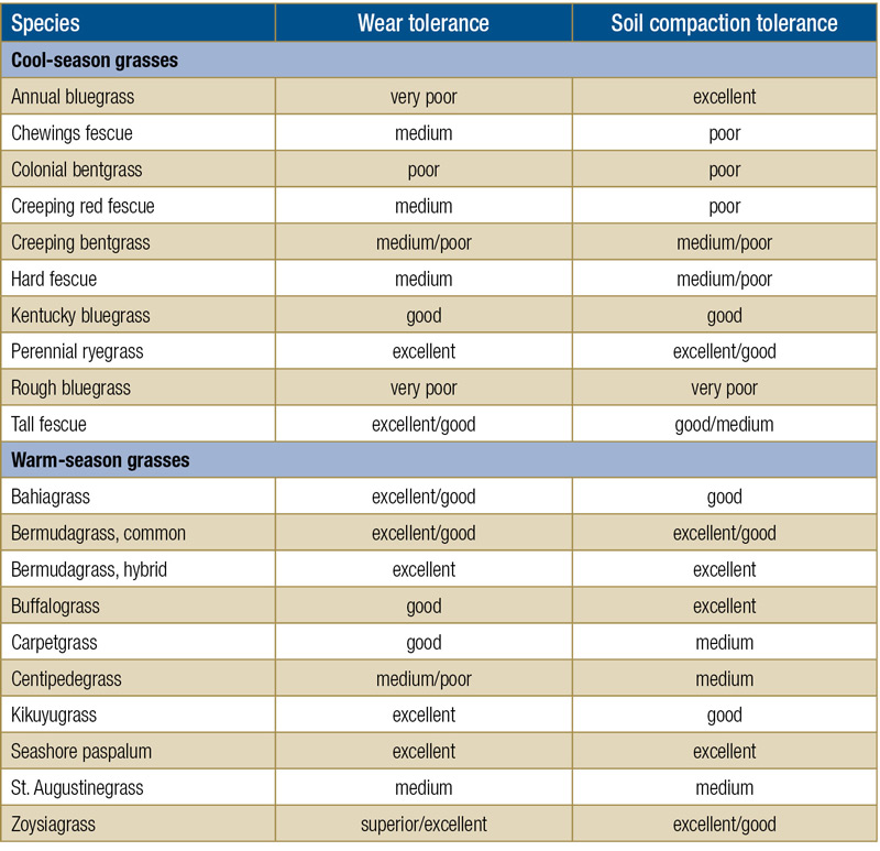 Turfgrass wear tolerance chart