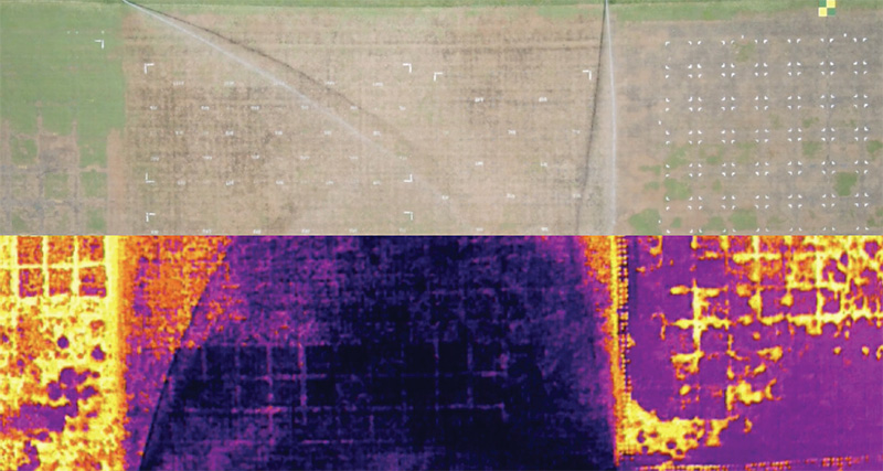 Drone imaging of true-color images (top) and invisible spectrum imaging (bottom)