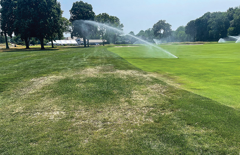 Irrigation system watering a fairway rough with a dry brown circular patch on it. Image of a small pile of pale material next to a putting green collar.