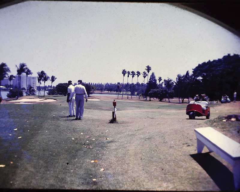 A patch of brown turf on a practice putting green